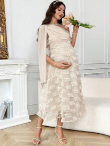 SHEIN Summer Elegant Maternity Dress, Pregnant Women Tassel Decor Asymmetric Collar Off-Shoulder Fringe For Baby Shower Photoshoot Party Babyshower - Apricot - View 2