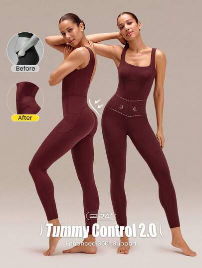 GLOWMODE 24''FeatherFit™ Tummy Control 2.0 Side Pockets Buttery Soft Gym Yoga Sports Jumpsuit Bodysuit Romper