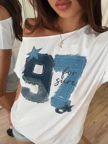 DAZY White Cotton Asymmetrical Shoulder Short Sleeve Numeric Print Loose T-Shirt For Women, Suitable For Spring & Summer Vacation Graphic Tees Women - White - View 9