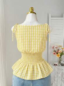 Comfortcana Áo kiểu cỡ lớn phong cách Boho kẻ caro không tay, viền bèo nhún - Màu vàng - Xem 2