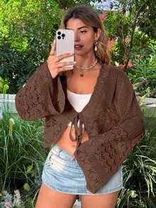 Flirla Áo khoác cardigan dáng ngắn, màu trơn, kiểu dáng thời trang, thắt nơ, viền vỏ sò, chất liệu lưới móc, tay loe, thích hợp mặc đi biển. - Cà phê nâu - Xem 3