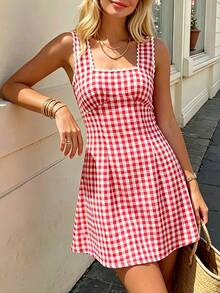 Pariaura 女士夏季新款红白格子吊带连衣裙，方领+细肩带+A字裙摆+肩带饰有白色精致蕾丝 - 紅白色 - 查看 6