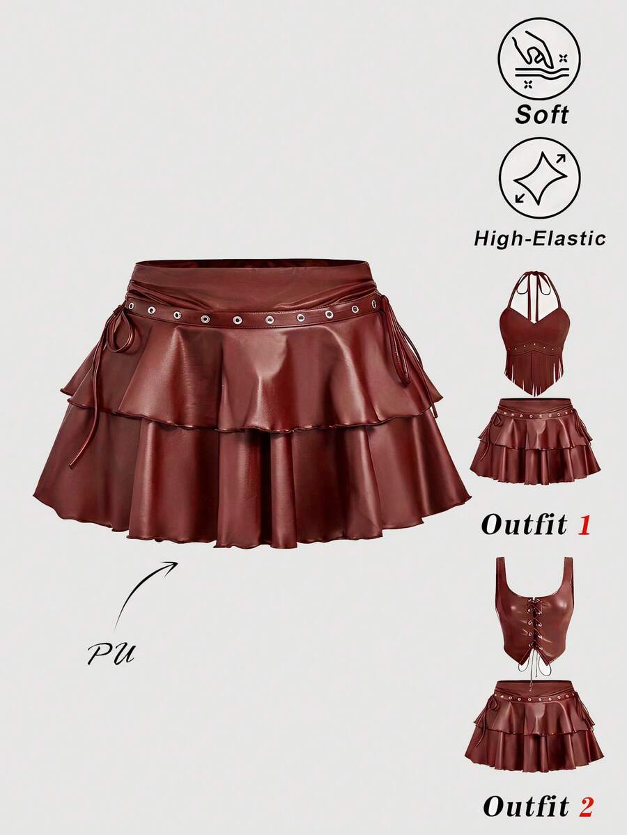 SHEIN MOD 女士休闲抽绳系结双层蛋糕裙,PU材质 - 酒紅色 - 查看 1