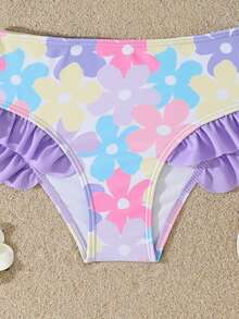 SHEIN Bộ bikini in hoa cho bé gái, có dây đeo vai và viền bèo nhún, bộ đồ bơi 2 mảnh, thích hợp cho bơi lội, kỳ nghỉ hè, bãi biển, hồ bơi, tiệc tùng. Bộ đồ bơi hoa cho bé gái, bộ bikini cho bé gái, đồ bơi cho bé gái, đồ bơi cho bé gái. - Màu tím - Xem 4
