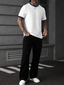 Manfinity CasualCool 男士条纹短袖圆领T恤，条纹纹理面料，弹力柔软，袖口和领口撞色滚边，休闲日常穿着 - 白色 - 查看 5