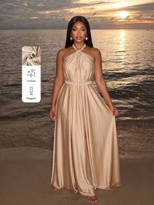 SOLERSUN Women's Elegant Apricot Satin Ruched Halter With Belt Maxi Dress,Ruched Flowy Backless Evening Gown For Formal Party Prom Wedding Guest - Khaki - View 3