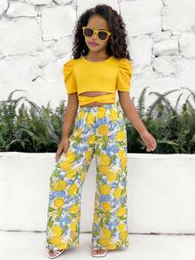 SHEIN Setelan 2 Potong untuk Anak Perempuan: Atasan Lengan Pendek Warna Polos, Motif Lemon, dan Celana Panjang - Kuning - View 4