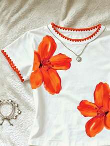 INAWLY Women's Floral Print Round Neck Short Sleeve Cropped T-Shirt - White - View 3