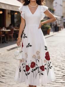 Balvessa Women's V-Neck Ruffle Sleeve Floral Print Waist Slimming Dress - White - View 1