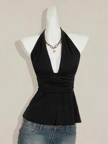 SHEIN PETITE CURVE قميص كاميسول صيفي مريح للنساء ذوات الأحجام الكبيرة، بلون أحادي، مطوي الخصر، ظهر مكشوف، رباط أمامي - الأسود - مشاهدة 5