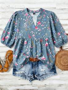 Linhara Plus Size Small Ditsy Floral Elegant Casual V-Neck 3/4 Sleeve Regular Blouse - Dusty Blue - View 3
