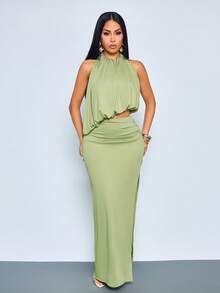 SOLERSUN Women's Elegant Ruched Sleeveless Backless Balloon Hem Top & & Ruched High Slit Maxi Skirt Two Pieces Outfit,Versatile For Vacation, Beach, Wedding Guest, Brunch & Party - Green - View 6