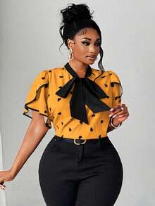 Maweii Plus Size Women's Elegant Romantic Heart Print Blouse With Bow Collar, Ruffle Trim And Contrast Color Design, New Spring/Summer - Multicolor - View 1