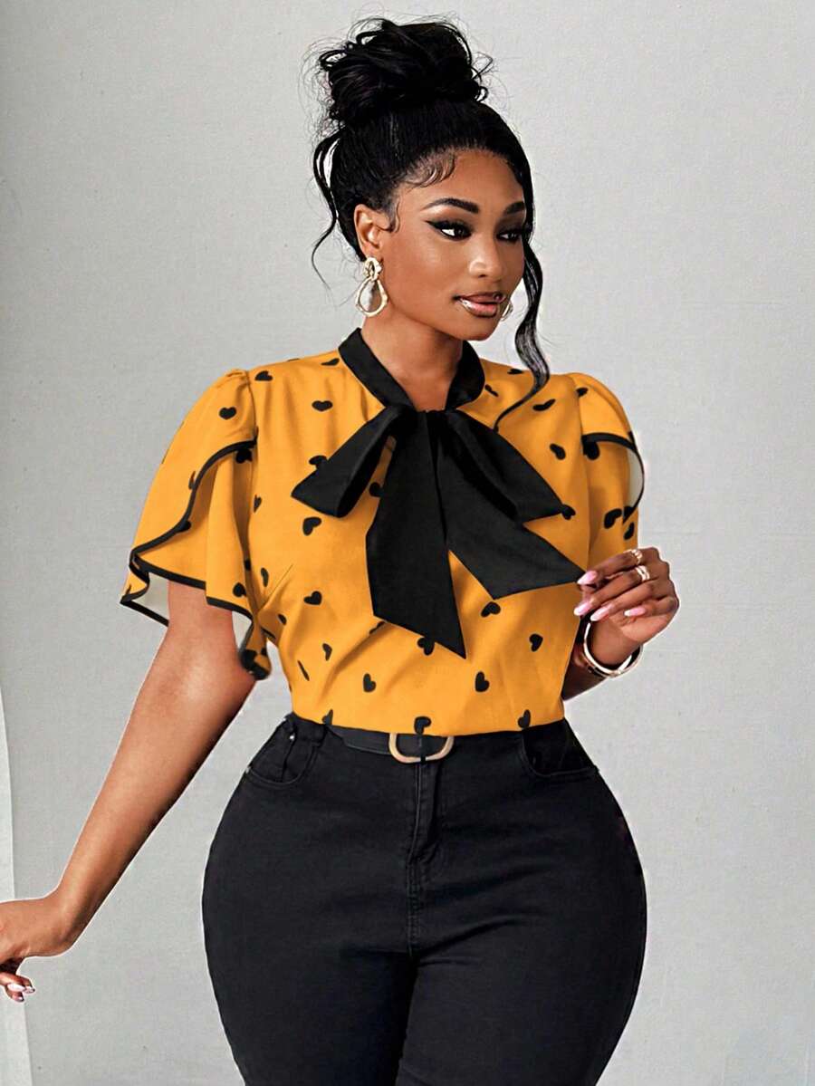 Maweii Plus Size Women's Elegant Romantic Heart Print Blouse With Bow Collar, Ruffle Trim And Contrast Color Design, New Spring/Summer - Multicolor - View 1