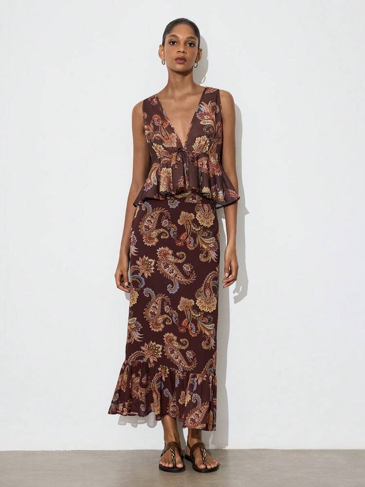 SHEIN Maija Women's Casual Paisley Print Ruffle Hem Camisole,Vacation Outfits Women