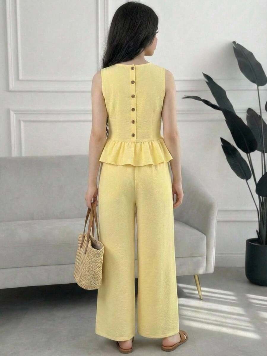 少女黄色木纹纽扣无袖上衣搭配直筒裤休闲度假两件套,适合春夏假期、派对、优雅场合、返校季、户外家庭野餐、日常穿着。 - 黃色 - 查看 1