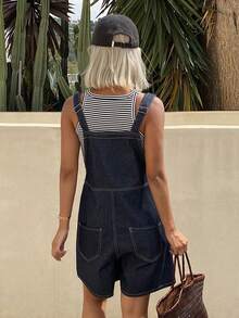 DAZY 女士纯棉休闲水洗牛仔背带裤/连体裤，春夏款 - 深色水洗藍 - 查看 2