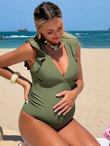 SHEIN 2026SS Maternity Boho Chic Luxury Beach Resort One-Piece Swimsuit Women's Swimwear Arrival For Holiday, Date, Western, Cruise, Beach, Island, Road Trip, All Seasons, Music Festival, Boho Vacation,Bohemian Vacation, Chill Autumn Boho Y2K Elegant Vintage Maternity One Piece Maternity Swimwear For Women Maternity Swimsuit Maternity Clothes Swimsuit Ruched One Piece Swimsuit Yummy Control Bathing Suit Ruffle Sleeve Swimsuit Green Swimsuit Zip Up Swimsuit Zebra Cover Up Zebra Bikini Set Maternity Beach Wear One Piece Bathing Suit - Multicolor - View 3