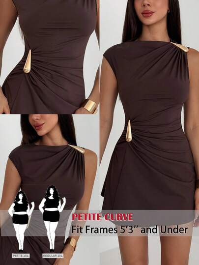 SHEIN PETITE CURVE 大码女士棕色无袖褶皱迷你连衣裙，女士休闲修身针织面料，不对称领口