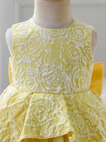 Glamorique Kids 女婴黄色提花面料连衣裙，拖尾裙摆，后背蝴蝶结装饰，适合生日派对、婚礼宾客、节日等场合，女婴公主裙，女婴派对连衣裙，女婴薄纱连衣裙，小女孩连衣裙，黄色婴儿连衣裙 - 黃色 - 查看 6