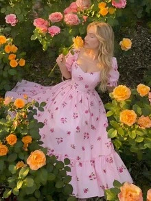 SHEIN MOD Plus Size Summer Pink Floral Polka Dot Romantic Dress, Countryside Resort Dress, Suitable For Sisters Gathering - Pink - View 2