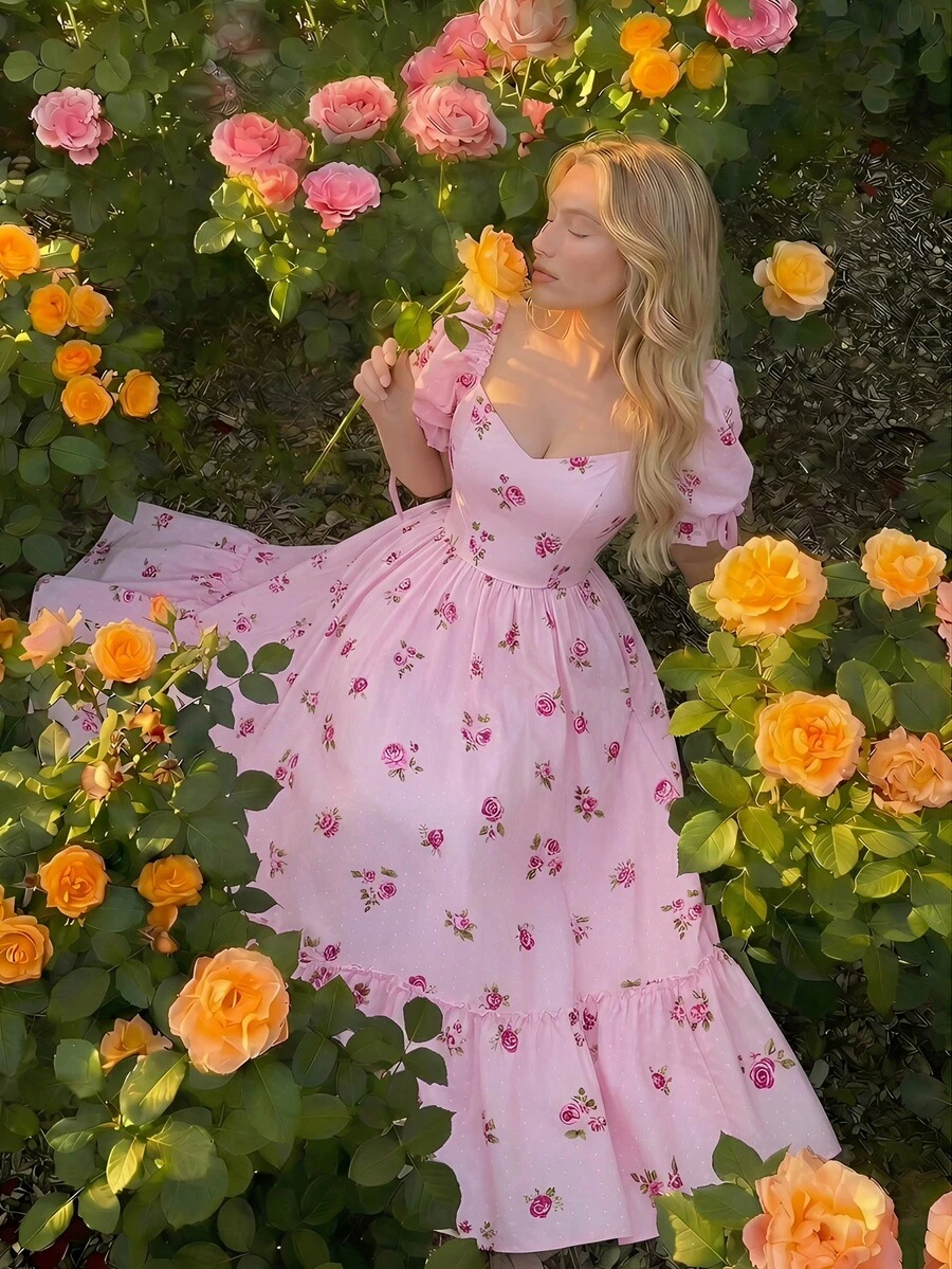 SHEIN MOD Plus Size Summer Pink Floral Polka Dot Romantic Dress, Countryside Resort Dress, Suitable For Sisters Gathering