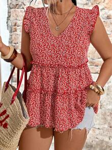 EMERY ROSE Blusa elegante de talla grande tejida con estampado floral, cuello en V, mangas volantes y ribete con volantes, adecuada para vacaciones, exteriores, uso diario, primavera/verano - Rojo - Ver 5