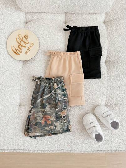 3pcs Baby/Toddler Unisex Casual Plaid & Solid Color Elastic Waist Shorts Set, Soft & Comfortable Summer Outfit