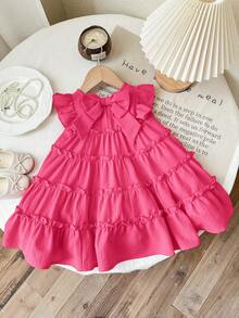 SHEIN Babygirl Cute Casual Loose Red Ruffle Trim Flutter Sleeve Dress - Hot Pink - View 2
