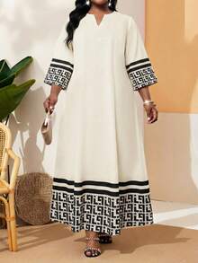 SHEIN Lady 春夏秋冬加大码V领黑色宽松袖经典Huizi条纹印花加大码长袍连衣裙 - 杏色 - 查看 1