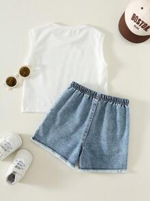 2pcs Baby/Baby Boy Casual Fashion Sleeveless T-Shirt And Denim Shorts Set, Baby Boy Outfit, Baby Boy Summer Clothes, Streetwear - White - View 2