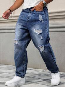 Manfinity Homme Men's Distressed Pocket Zipper Casual Loose Washed Denim Jeans - Dark Wash - View 3