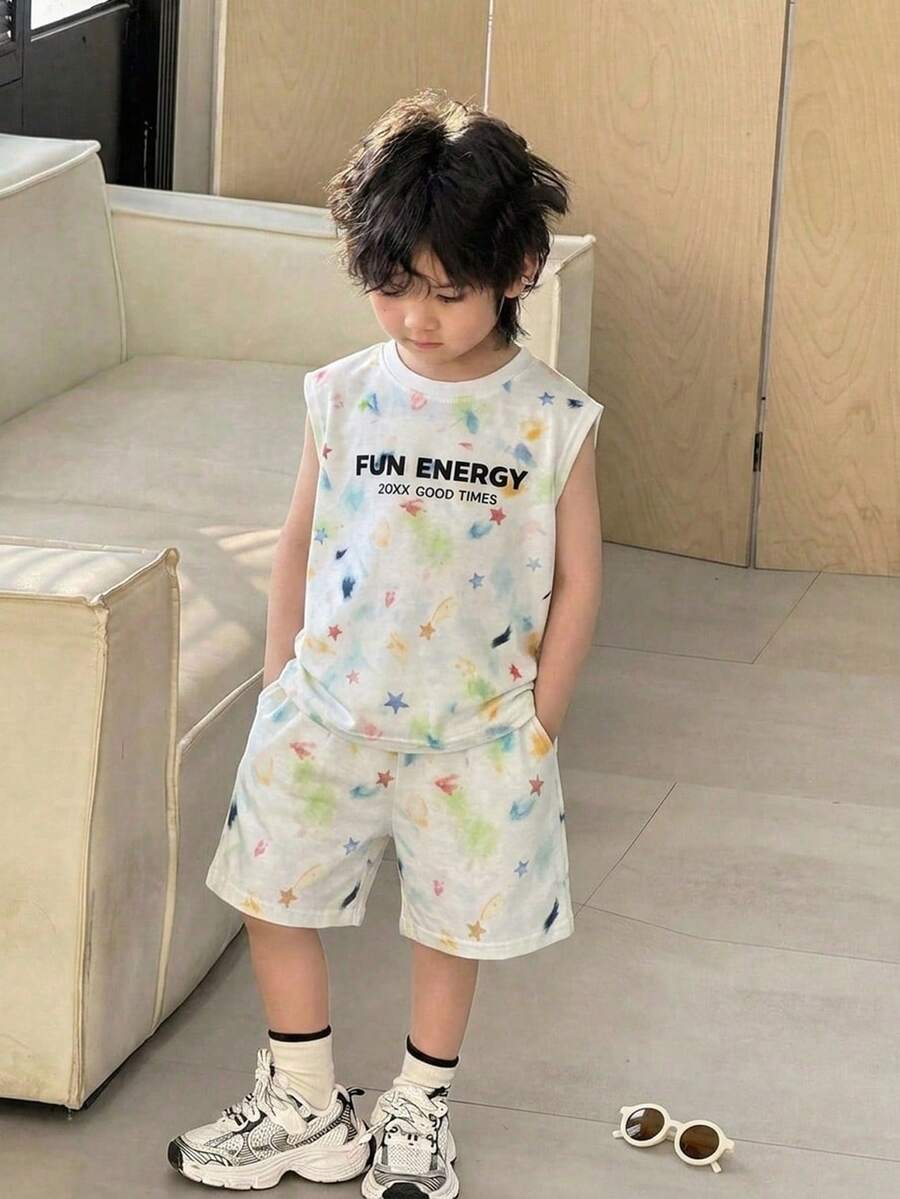 SHEIN Little Byeori 2件套男童休闲运动宽松舒适百搭扎染彩色印花无袖上衣和短裤套装,适合通勤、上学、日常休闲穿着、运动、春夏穿着。 - 藍色 - 查看 1