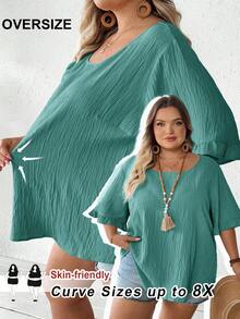 SHEIN CURVE+ Women Plus Size Khaki Blouse, Ruffled Short Sleeve Loose Hem Casual Holiday Dressbeach Outfits For Woman/Beach Dress/Beach Vacation Outfits/Beach Essentials / Graduation/Tea Party Dresssummer/Country/Beach Vacation Outfits/Beach Outfits/Beach Wear - Mint Green - View 8