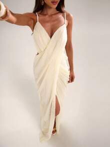 SHEIN BAE Women's Elegant Cream White Summer Maxi Dress,V-Neck Backless Metal Decor Solid Holiday Vacation,Beach Resort Cocktail Party Wedding Brunch - White - View 7