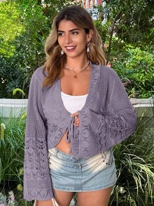 Flirla Cárdigan de playa con mangas acampanadas, de malla de ganchillo, con volante de lazo y unicolor, para talla grande - Morado - Ver 4