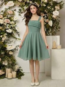 SHEIN Girls' Elegant Chiffon Solid Color Dress With Pleated Bust Design, Suitable For Daily Wear And Gatherings, Green, Spring/Summer - Green - View 4