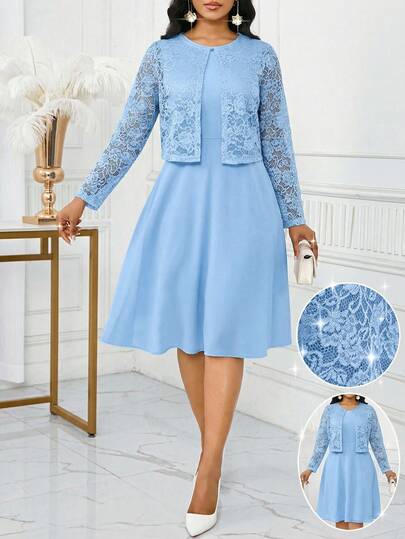 Fleurora Plus Size Women's Elegant Blue  Lace Sleeveless Top And Dress Two Pieces Set, Summer Birthday And Event Dresses/Office Dresses/Church Dresses/Wedding Dresses/Festival Dresses/ Summer Dress Spring Dress Stylish Clothing Collection