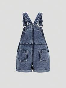 SHEIN 少女牛仔吊帶短褲，深藍色夏季牛仔布，刺繡「Best」字母與愛心，可調節肩帶金屬扣，休閒可愛度假穿搭 - 深色水洗藍 - 查看 3