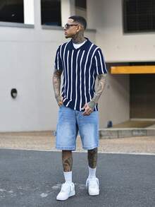 Devon Thys Men's Colorblock Hollow Out Knit Cardigan, Fashion Suitable For Summer, Fall - Blue and White - View 1