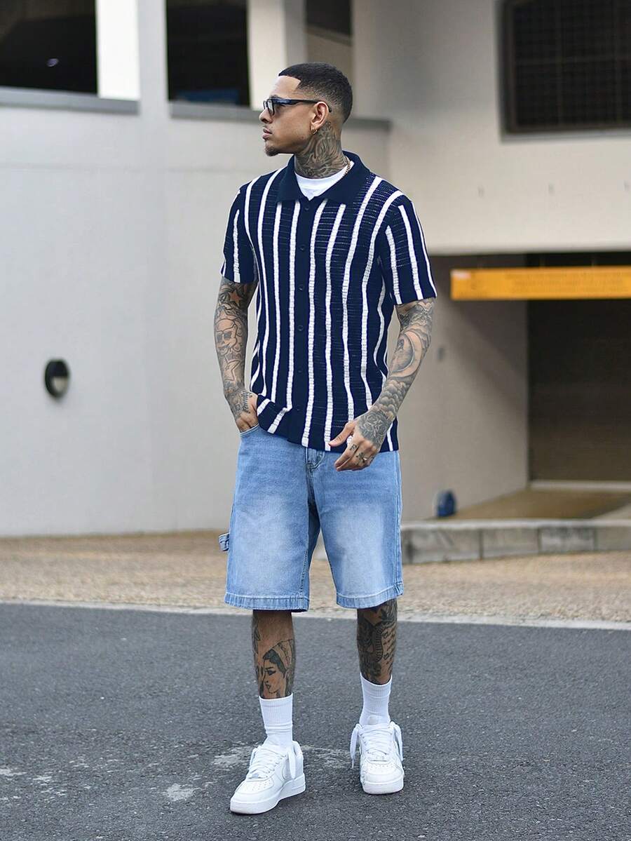 Devon Thys Men's Colorblock Hollow Out Knit Cardigan, Fashion Suitable For Summer, Fall - Blue and White - View 1