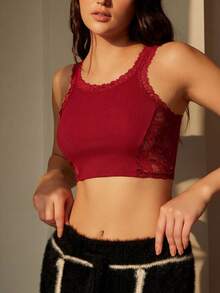 Camiseta de encaje con parches de moda, sexy y transparente - Burdeos - Ver 3