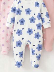 SHEIN 【随机3套，送1套】新生儿连体衣，彩色花卉印花，清新可爱，ins风，多巴胺色调，亲肤柔软舒适，圆领长袖，裆部按扣设计，适合居家、休闲、日常外出，四季皆宜。 - 彩色 - 查看 4