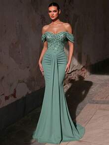 Glamrae Elegant Luxurious Elastic Knit Off Shoulder Strapless Dress With Rhinestone,Handcrafted Beaded Mermaid Hem Formal Gown For Autumn/Winter For Women - Green - View 3