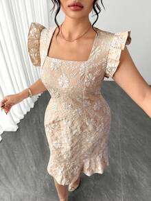 Elenzga Plus Size White Printed Woven Textured Fabric Bodycon Fishtail Dress,Elegant Square Neck Cap Sleeve Summer Bridal Wedding Guest Dress Women's - Apricot - View 7