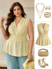 Roveilla Plus Size Women's Elegant Summer Butter Yellow Foil Print Sleeveless Blouse, Vintage A-Line Shirred Shoulder Ruched Cinched Waist Peplum Tops Brunch - Yellow - View 1