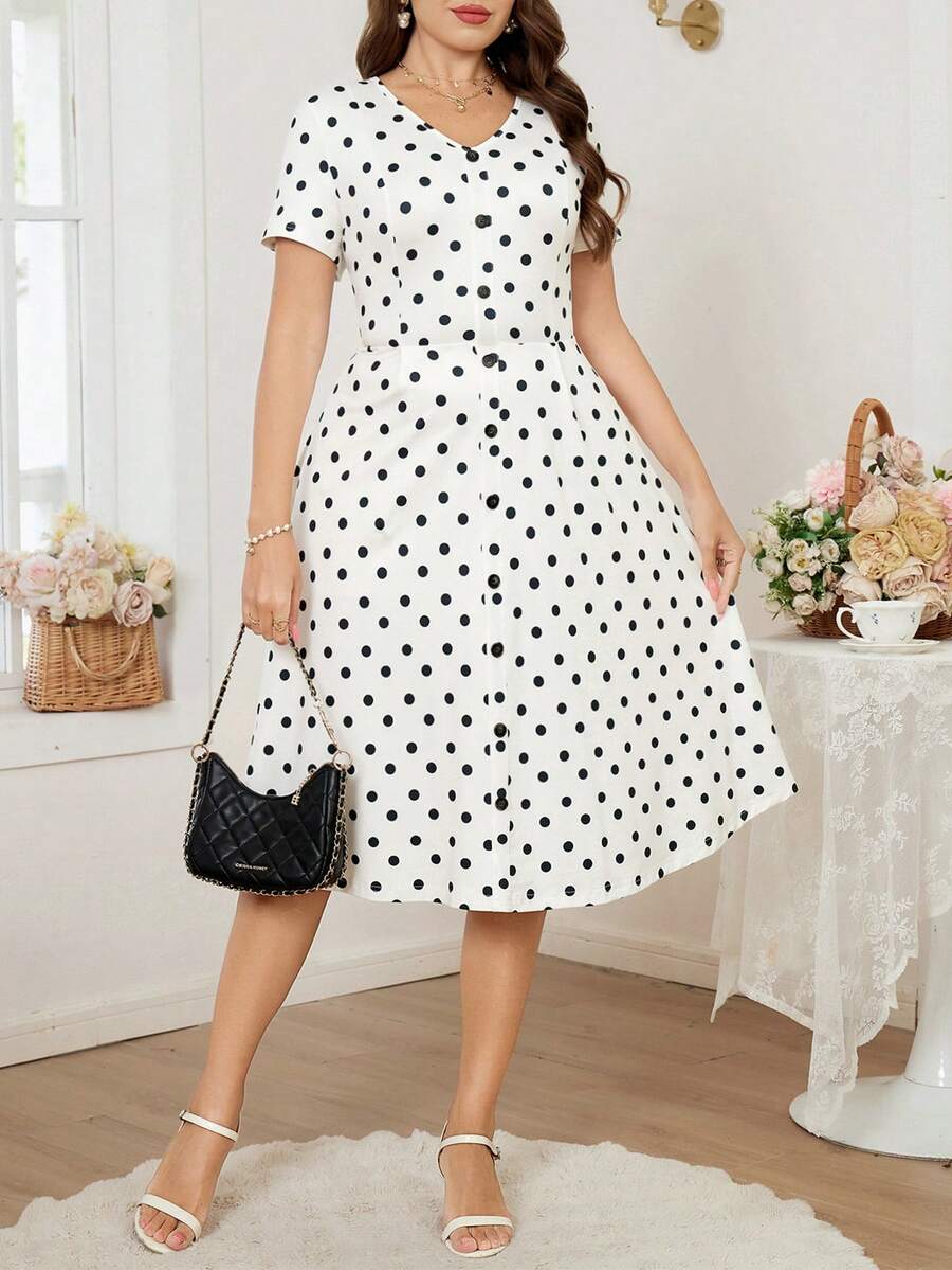 SHEIN Clasi 大码女士波点图案单排扣优雅连衣裙 - 白色 - 查看 1