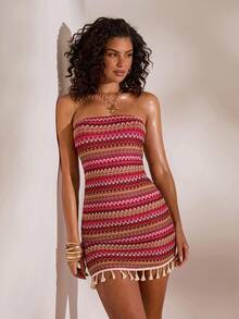 Opulessa Striped Tassel Hem Fitted Tube Mini Dress, Casual Vacation - Red - View 1