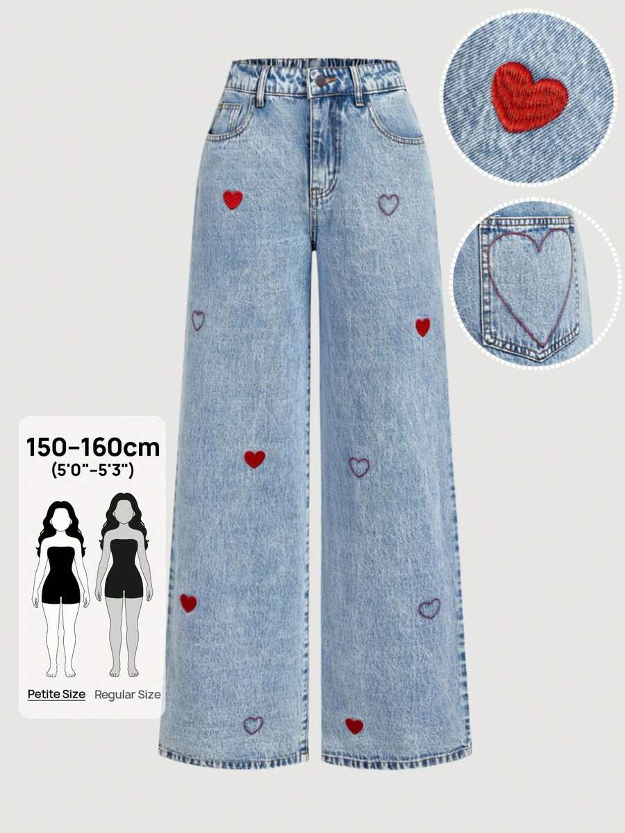 SHEIN PETITE 女士心形刺绣斜插口袋休闲阔腿牛仔裤 - 淺色水洗藍 - 查看 1