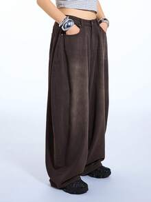 COUREZ Quần jeans ống rộng cạp thấp dáng phồng màu nâu denim/kiểu Y2K mùa hè cho nữ, quần jeans xanh mùa hè cho nữ, quần jeans oversized cho lễ hội, buổi hòa nhạc, mùa xuân cho nữ. - màu nâu - Xem 6